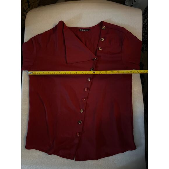SHEIN Asymmetrical Neck Button Front Top S Corporate Siren Cherry Girl Holiiday - Picture 7 of 10